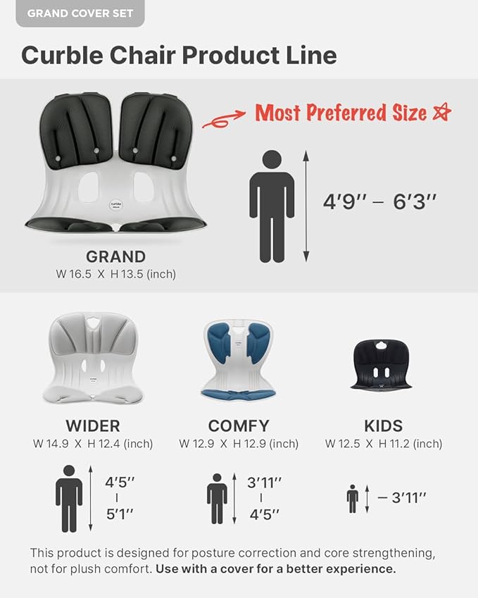 curble Grand(Extra Wide&Sturdy) Cover Set – Ergonomic Back Support Chair with Detachable Cover, Lumbar Support for Posture Correction & Lower Back Pain Relief, Perfect for Home & Office(Set Grey)