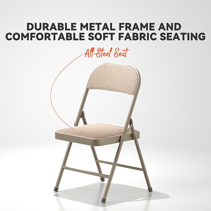 Nazhura 4 Pack Folding Chairs, Fabric Dining Chair Set with Padded Cushion and Back, Indoor Outdoo Seat for Home Office Events Wedding Party (Oatmeal Strip Fabric Seating)