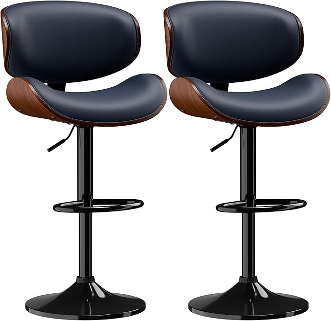 Aowos Bar Stools Set of 2, Adjustable Swivel Leather Bar Stools for Kitchen Island, Mid Century Modern Counter Height Bar Chairs Barstools with Back & Footrest (Blue)