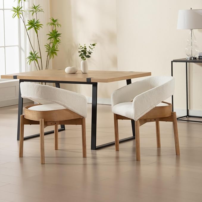 DUOMAY Modern Sherpa Dining Chairs Set of 2, Open Back Kitchen Chairs with Solid Wood Legs Upholstered Curved Back Side Chairs for Kitchen Restaurant, Fur White
