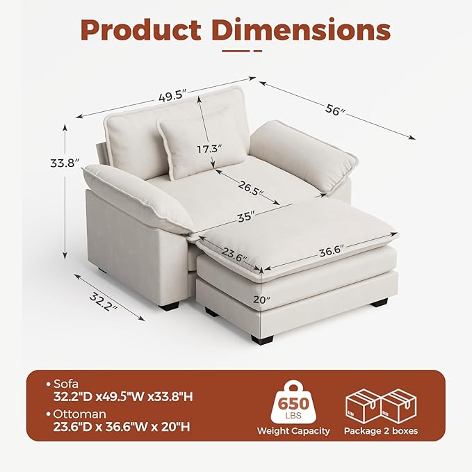 CDCASA 50'' Oversized Chair with Movable Ottoman, Velvet Comfy Cloud Sofa Accent Chairs w/Large Seat and Armrests, Modern Extra Wide Armchair Reading Chairs for Living Room, DIY Combination, Beige