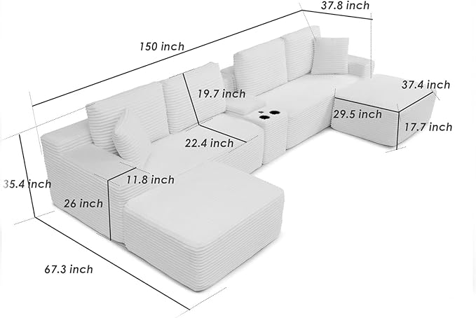 150" Oversized Modular Sectional Sofa, Deep Seat Cloud L-Shape Corduroy Couch with Cup Holders, USB Ports, Wireless Charging & Storage Box, Upholstered Modular Sleeper Sofa for Living Room (Grey)