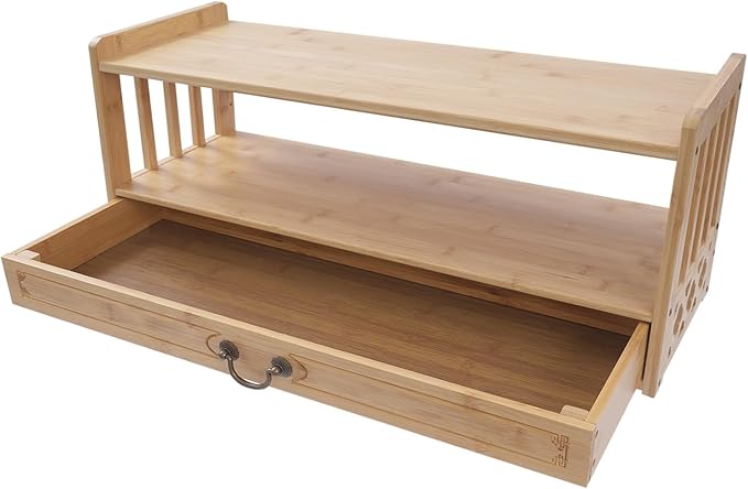 Low 3-Tier Meditation Table with Drawer,Bamboo Altar Tables,Puja Desks,Tatami Desk,27.2”W,Wood Color