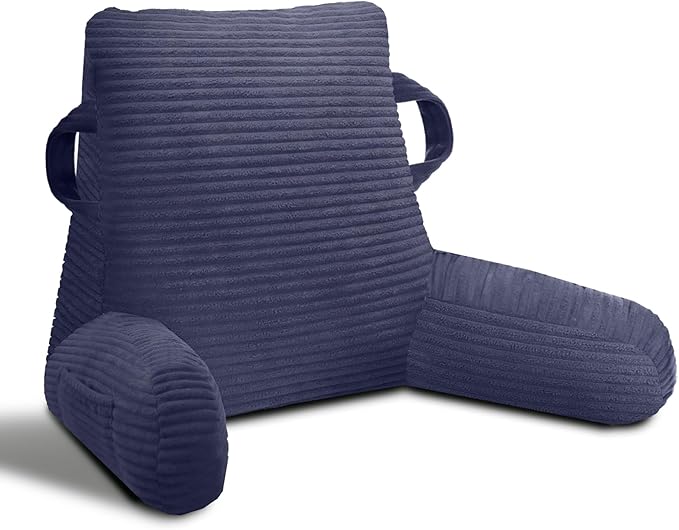 ABROLOY Reading Pillow for Sitting in Bed Adult, Bed Reading Pillow with Shredded Memory Foam, Back Pillow for Sitting with Arms and Pockets, Deepblue