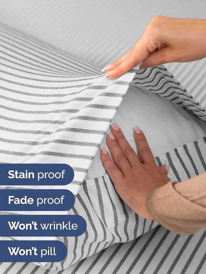 Extra Deep Pocket Twin XL Sheets - 3 Piece Breathable & Cooling Bed Sheets - Hotel Luxury Bed Sheet Set - Soft, Wrinkle Free & Comfy - Easily Fits Extra Deep Mattresses - Grey Striped Sheets Set