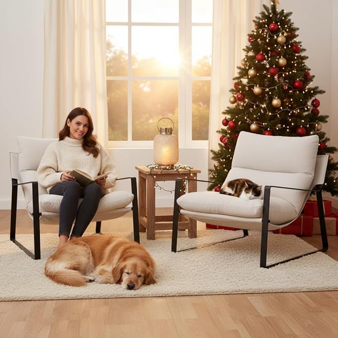 LukeAlon Modern Linen Accent Armchairs Set of 2, Upholstered Soft Living Room Chairs with Metal Base Removable Thickened Cushion Sofa Chairs Comfy Lounge Chair for Bedroom Living Room, White