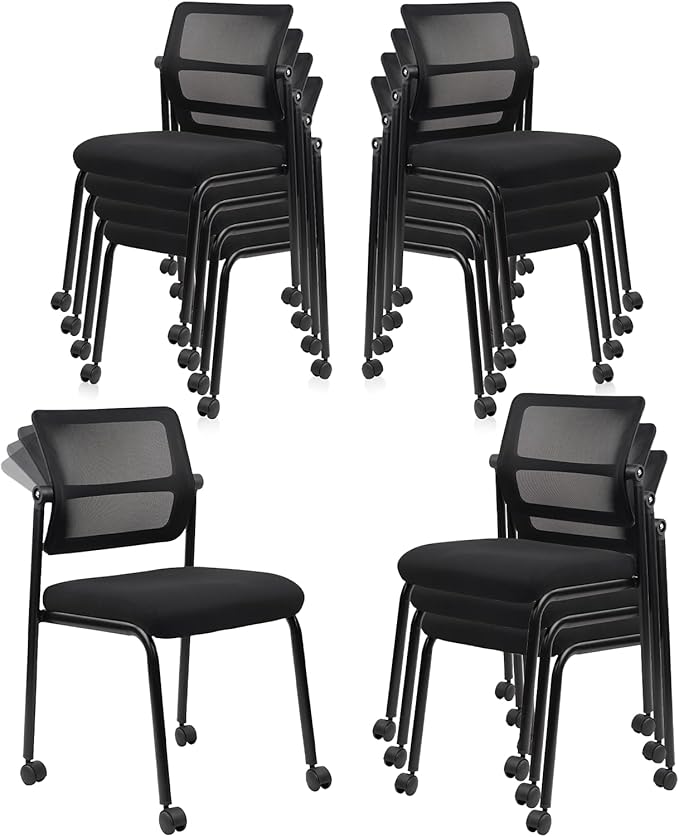 CLATINA 12PK Mesh Stacking Office Desk Chairs with Wheels, Portable Stackable Bulk Waiting Room Armless Chair with Adjustable Back & Fabric Seat for Guest Lobby Side School Church Conference Break