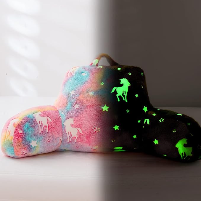 Holawakaka Glow in The Dark Unicorn Reading Pillow for Sitting up in Bed Sofa Kids Teens, Luminous Stars Backrest Pillow with Arms for Boys Girls, Back Support Cushion for Couch Floor Nursery Playroom