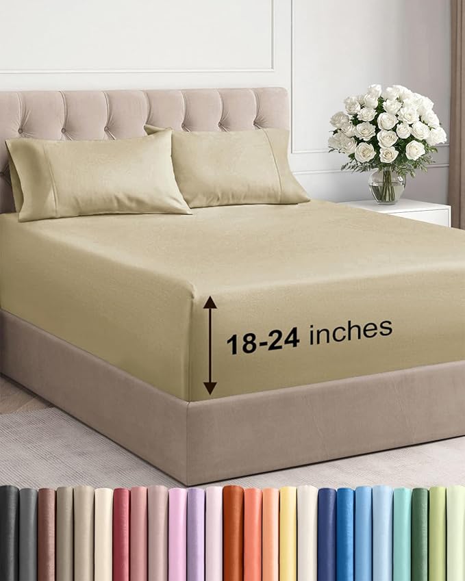 Extra Deep Pocket Full Sheets - 4 Piece Breathable & Cooling Bed Sheets - Hotel Luxury Bed Sheet Set - Soft, Wrinkle Free & Comfy - Easily Fits Extra Deep Mattresses - Deep Pocket Beige Sheets Set