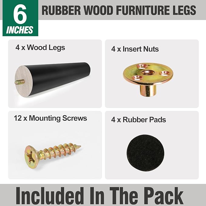FoDau770 Black Rubber Wood Furniture Legs 6 Inches, Straight Tapered Wood Feet Mid Century Sofa Legs Set of 4, 5/16" UNC Furniture Feet for Cabinet Couch Dresser Chair Ottoman Table