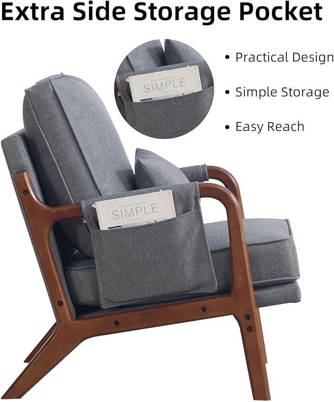CANMOV Mid Century Modern Accent Chair with Extra Side Storage Pocket Upholstered Reading Armchair with Waist Cushion, Accent Chair for Living Room Bedroom, Easy Assembly, Grey
