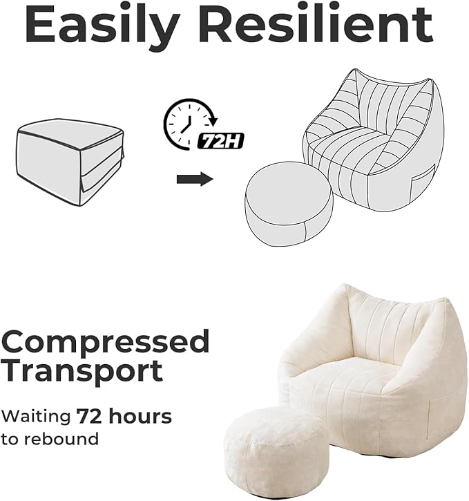 Giant Bean Bag Chair with Ottoman for Adults, Oversized Bean Bag with Filling Plush Fluffy,BeanBag Floor Sofa Chair with with Back Support for Living Room, Bedroom, Reading, Lvory