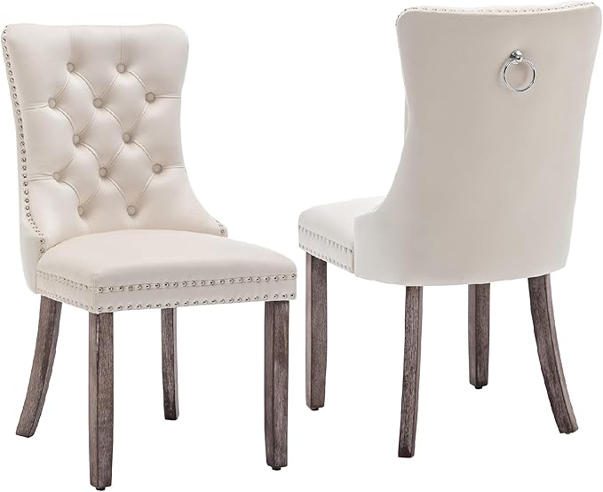 Kiztir Velvet Dining Chair Set of 2, Modern Kitchen Chairs with Nailhead Trim, 2 Pieces Upholstered Dining Room Chairs for Living Room, Bedroom (Beige)