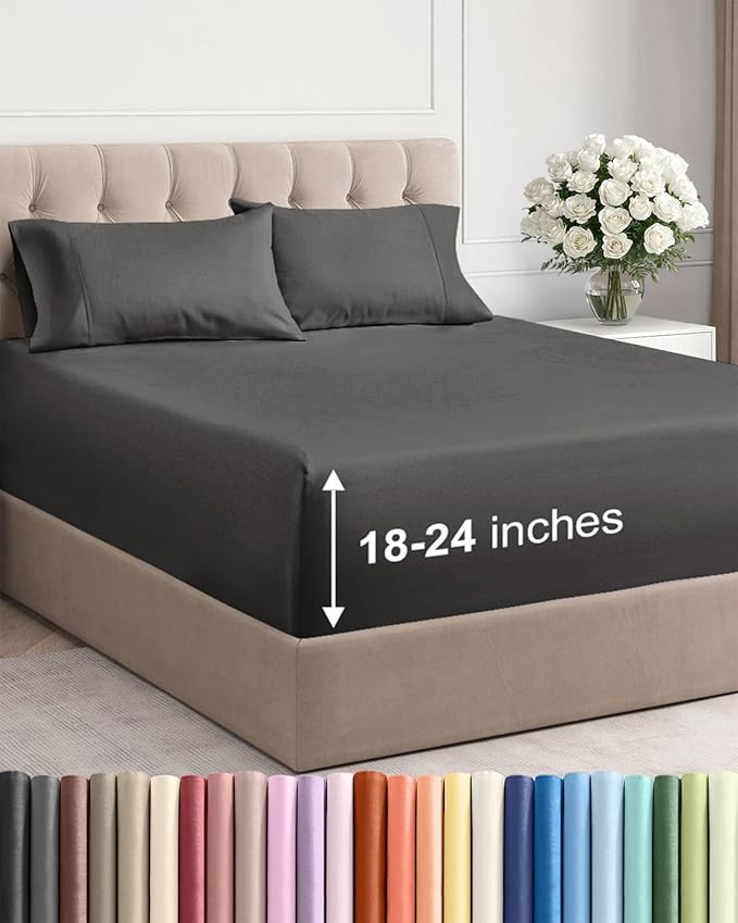 Extra Deep Pocket Queen Sheet Set - 4 Piece Breathable & Cooling Bed Sheets - Hotel Luxury Sheet Set - Soft, Wrinkle Free and Comfy - Easily Fits Extra Deep Mattresses - Deep Pocket Charcoal Sheets