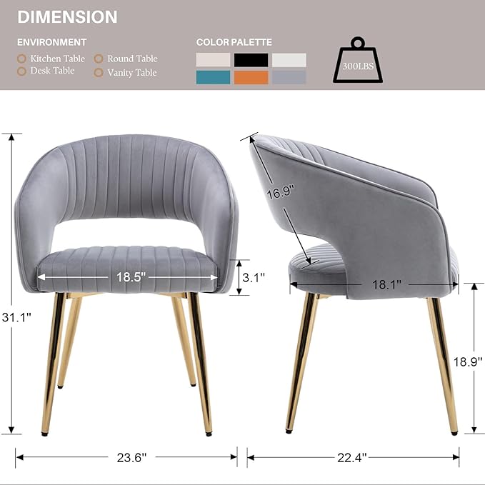 COMULER Grey Velvet Dining Chairs Gold Legs, Modern Dining Room Chairs with Arms Set of 6 Upholstered Accent Chair Armchair with Barrel Back for Kitchen Living Room