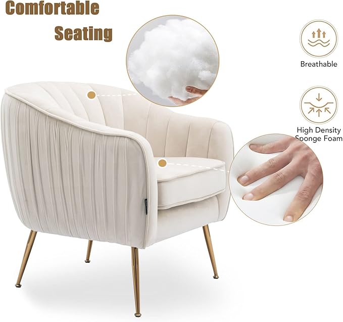 Altrobene Velvet Accent Chair, Modern Barrel Chair, Living Room Bedroom Arm Chairs, Golden Finished, Beige