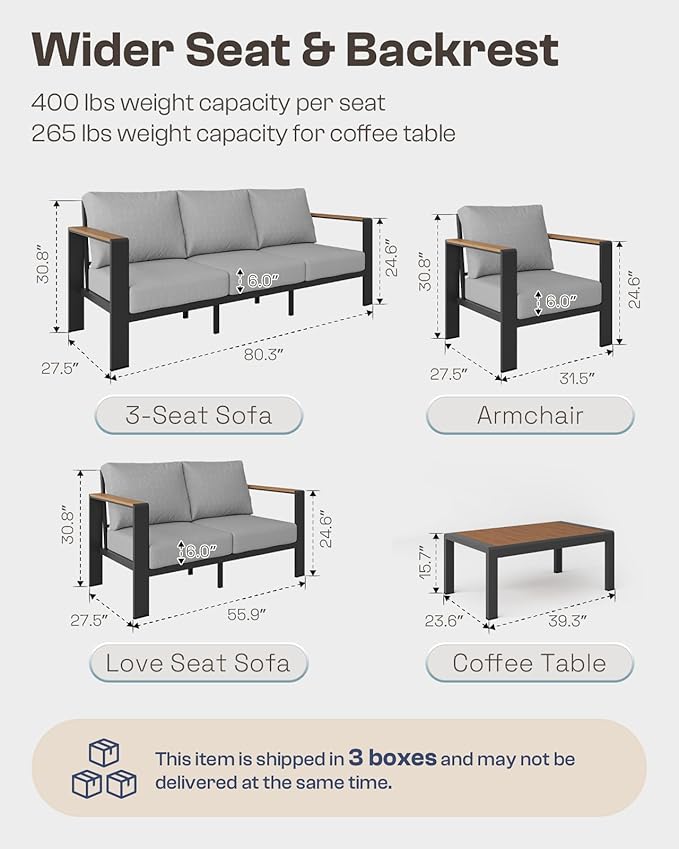 Oasbira Aluminum Outdoor Patio Furniture Set with Coffee Table, 4 Piece Patio Conversation Sets with Washable Thick Cushions, Outdoor Sectional Furniture Set for Poolside, Balcony, Deck, Gray