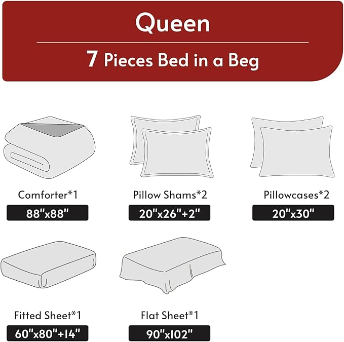 MUXHOMO 7 Pieces Queen Comforter Set, Reversible Bed in a Bag Queen Size, All Season Bedding Set with Comforter, Flat Sheet, Fitted Sheet, Pillowcases & Shams, Pink & Light Grey
