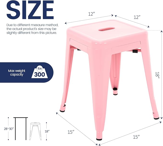 Brage Living 18 Inch Industrial Metal Stools Set of 4, Stackable Classroom Stools, Backless Metal Dining Chairs for Indoor Outdoor, Kitchen Short Stools (Pink)