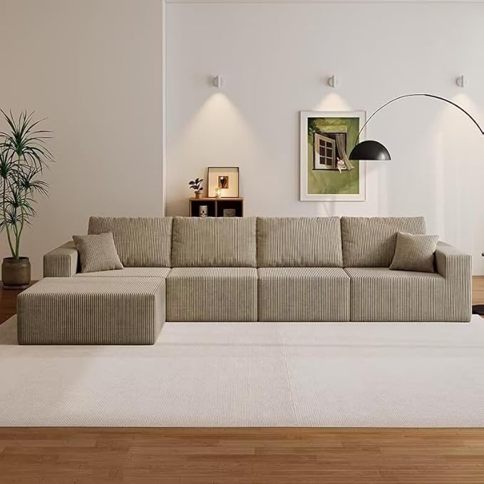 139" Boneless Cloud Sectional Sofa, Modular L-Shaped Couch with Deep Seats, Compressed Frameless Corduroy Sofa in Boxes, No Assembly Required, 4-Seater with Right-Facing Chaise, Grey