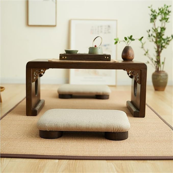 Japanese Tatami Low Stool, Solid-Wood Floor Chair with Cushioned Linen, Bedside Bench or Low Table Seating, Footrest for Meditation(50 * 40 * 7cm)
