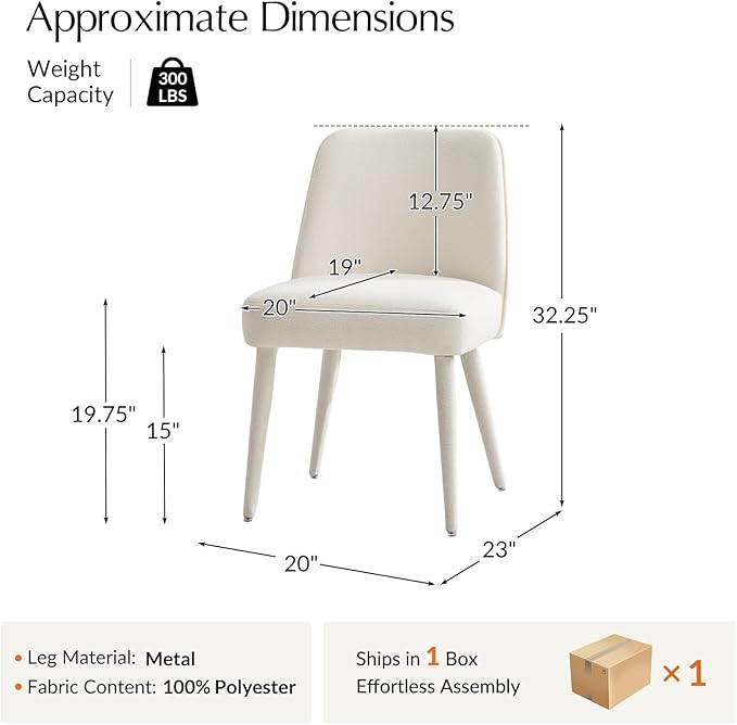 HULALA HOME Modern Dining Chairs Set of 2，White Fully Chenille Upholstered Dining Room Chairs Set with Foot Peg, Wood Frame, Armless Kitchen Accent Chairs for Living Room Bedroom Reception - Ivory