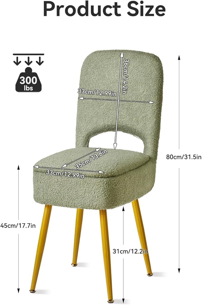 IBUYKE Small Storage Vanity Stool with Folding Backrest, 12.99" x 13.78" x 31.5" Square Teddy Velvet Ottoman, Makeup Chair for Living Room, 4 Metal Legs with Anti-Slip Feet, Green WBD027D