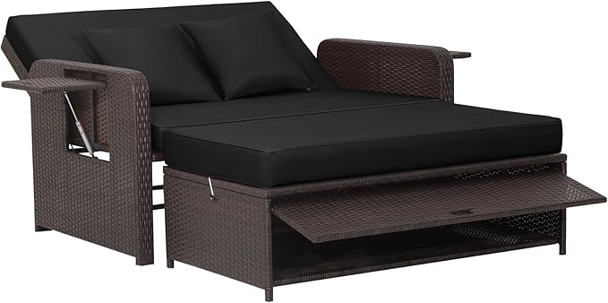 RELAX4LIFE Wicker Patio Outdoor Daybed - Rattan Day Bed Lounger with Loveseat & Storage Ottoman, Sunbed Sofa Set w/Cushions, 4-Level Adjustable Backrest & 2 Retractable Trays, Patio Daybed (Black)