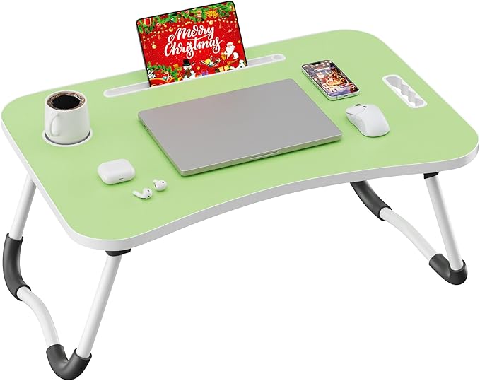 Folding Lap Desk, 23.6 Inch Wood Laptop Bed Desk with Cup Holder, Portable Bed Table for Working Writing Reading & Eating for Bed, Sofa, Couch, Floor - Green