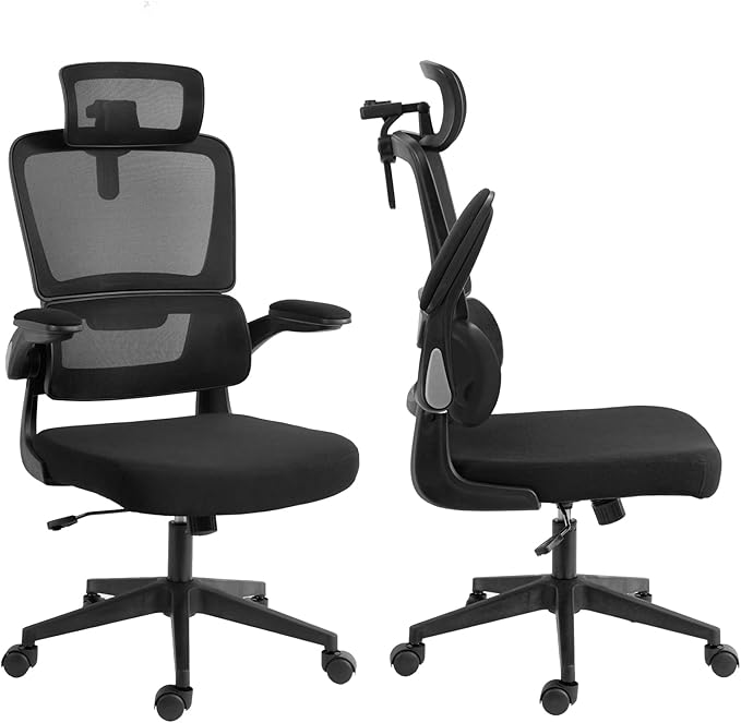 Redragon Ergonomic Office Chair, High Mesh Back Home Desk Chair with Adjustable Headrest, Flip-Up Arms, 90-120° Tilt Rocking and Wide Cushion, Big and Tall Chairs for Man Woman, Black