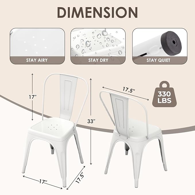 Metal Dining Chairs Set of 2,Stackable Tolix Chair Indoor/Outdoor for Kitchen,Cafe,Restaurant,Bistro & Patio Multiple Colors(White)