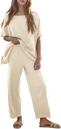 Tankaneo Women's 2 Piece Travel Outfits Casual Short Sleeve Knit Sweater Set Wide Leg Pants Lounge Sets Tracksuit