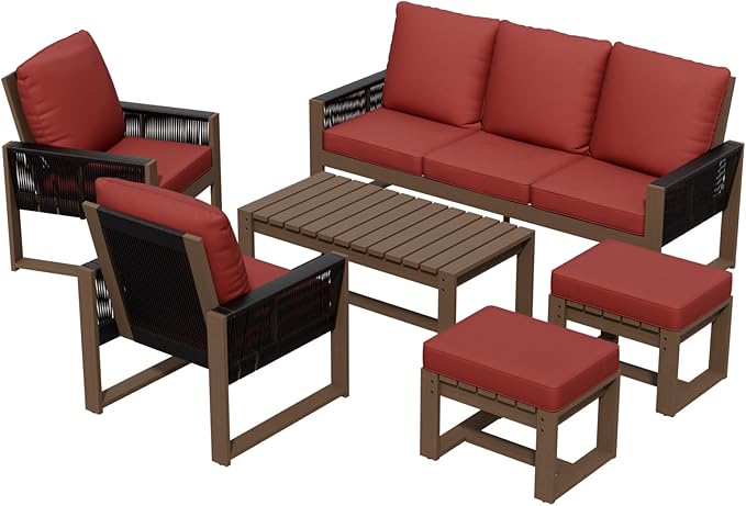 INTER HUT Rustic Hideaway Natural Cedar Wood Outdoor Furniture Set, Wicker Patio Conversation Set for Porch Garden Backyard, Couch, 2 Patio Chairs, Coffee Table and 2 Ottomans, 6 Piece, Brownish/Red