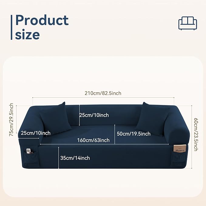 83" Boneless Couch, 3 Seater Sofa with 2 Matching Pillows Compact Corduroy Couches for Living Room Side Storage Pockets, Floor Sofa with Removable Armrests, No Assembly Required, Blue