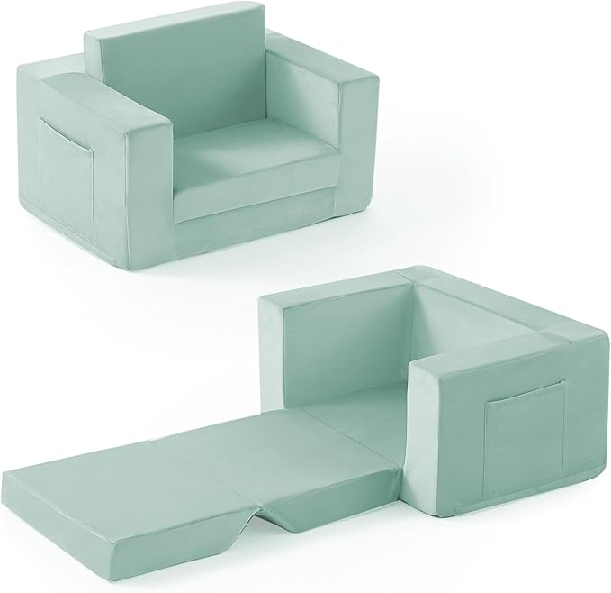 Kids Couch, 2-in-1 Toddler Chair Comfy 1-3 Years, Convertible Kids Chair, Toddler Couch That Fold Out, Kid Lounge Chairs for Boys and Girls, Soft Coral Fleece, Single, Teal