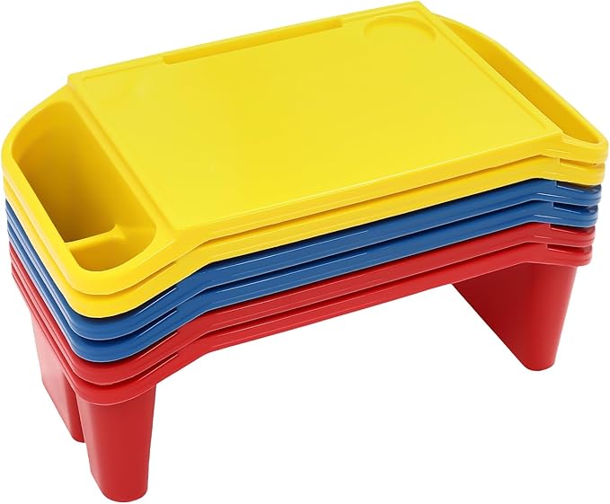 Mind Reader Kids Lap Desk, 6 PCS Kids Lap Desk Bulk Tray Lap, Portable Activity Tray with Side Storage, Stackable Plastic Desk Table for Students Drawing, Snacks, Study (2*(red+Blue+Yellow), Small)