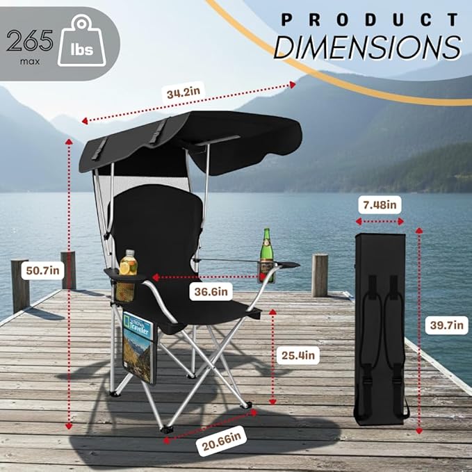 CozyBox Portable Folding Camping Chairs with Canopy Shade, Beach Chair for Adults, Durable Weather Resistant 600D Oxford Cloth, Camping Chair with Canopy for Outdoors [Black-2 Pack]
