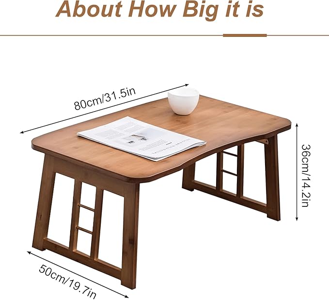 Japanese Floor Table Bamboo Folding Table,Portable Collapsible Tatami Tea Table, No Assembly Foldable Low Table for Sitting on The Floor, Easy Storage (Brown)