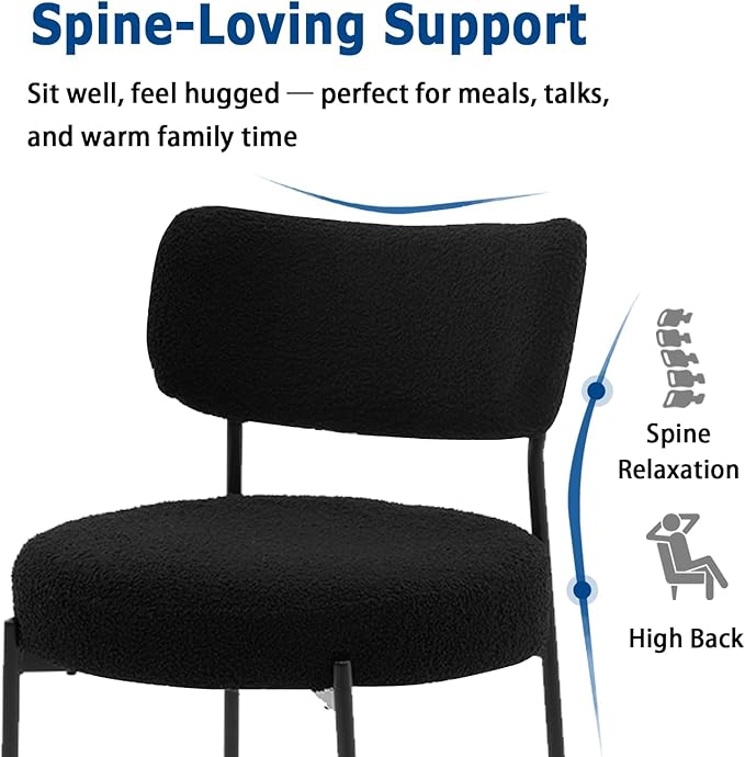Stabrech Black Dining Chairs Set of 2, Dining Room Chairs with Curved Backrest, Modern Boucle Dining Chairs with Upholstered for Living Room (2,Black)