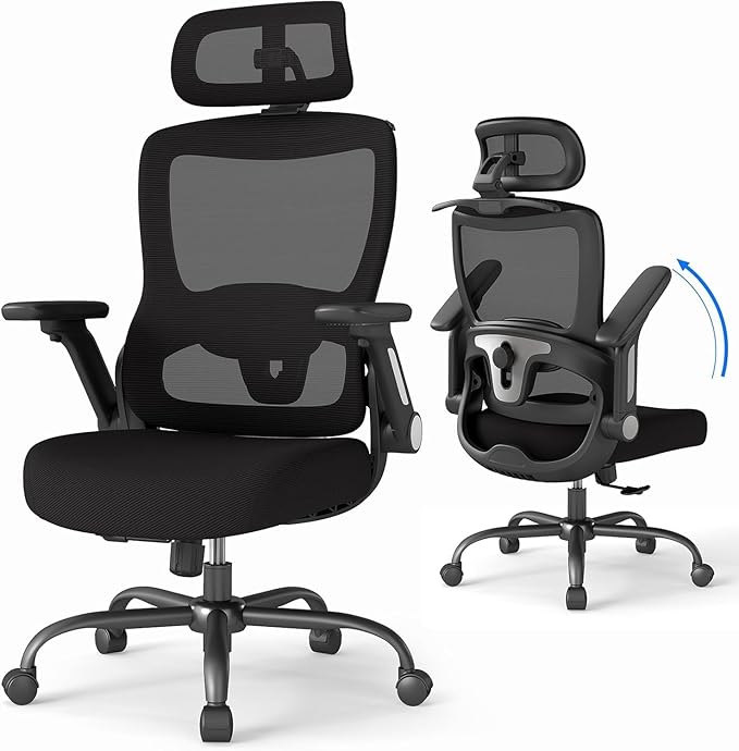 ZZH Ergonomic Office Chair, High Back Home Desk Chair with Adjustable Lumbar Support, Headrest, Flip-Up Arms, 90-135° Tilt Lock and Wide Cushion, Big and Tall Mesh Computer Seating with Wheels