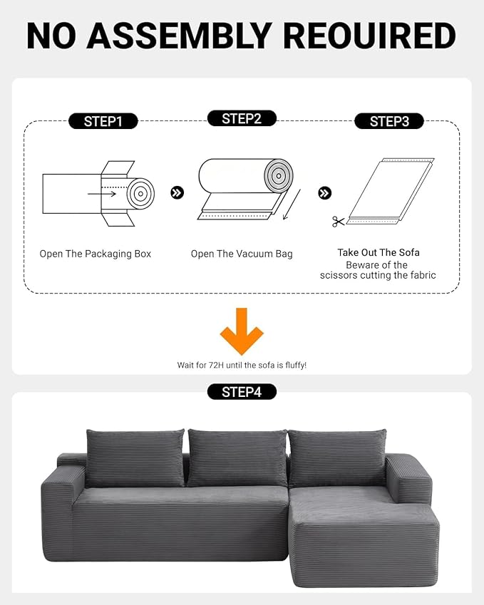 Vanress 97" Cloud Couch Sectional, Corduroy Boneless Couch with L-Shape Chaise,Modern Modular Sectional Sofa Comfy Deep Seat for Living Room, Bedroom, No Assembly (Dark Grey, Right Facing Chaise)