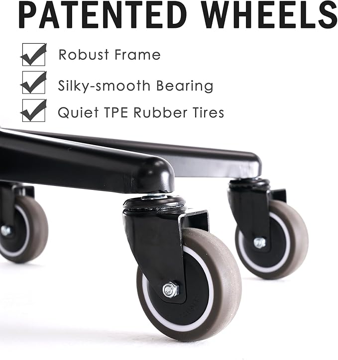 WUDOYO Adjustable Rolling Shop Stool with Tool Bags, Black Padded Seat, TPE Wheels, Real Backrest, Easy Handrail (Regular Work Seat Height(18-25"))
