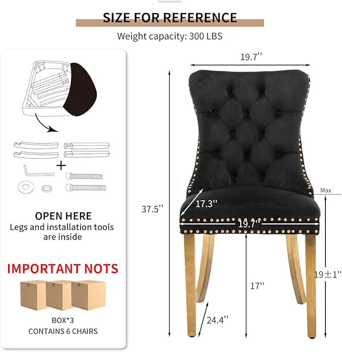 YeahFurn Mid Century Modern Dining Chairs Set of 6, Black Velvet Upholstered Tufted Back, Kitchen & Dining Room Chairs, Gold Metal Legs, Nailhead Trim, Sillas para Comedor (Black, 6 Pcs)