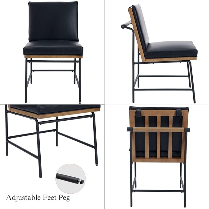 DUOMAY Mid-Century Modern Dining Chairs Set of 2, PU Leather Upholstered Side Chair with Rear Handle, Armless Chair with Metal Legs for Kitchen Dining Room Living Room Vanity, Black