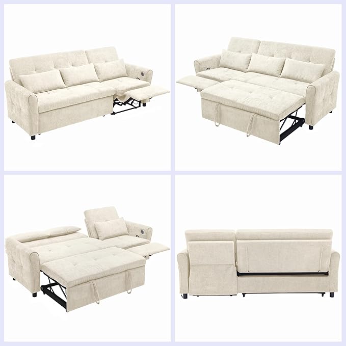 Gagawin 2 in 1 Convertible Sofa Bed with Reversible Recliner, Chenille 3-Seater Couch Sleeper with Pull Out Bed & Adjustable Backrest & Dual USB Charging Ports for Living Room, Beige