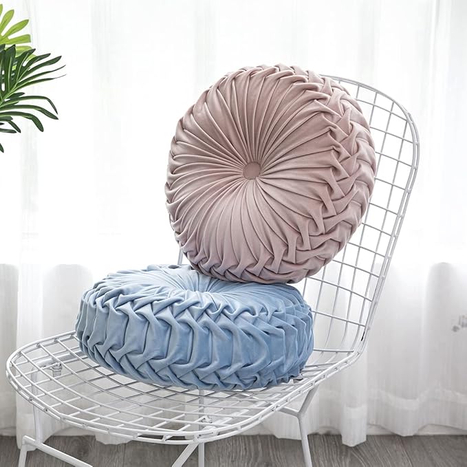 vctops Solid Velvet Seat Cushions Round Floor Pillows Thicken Chair Cushions Pleated Chair Pads Seat Pad Throw Pillows for Bedroom Living Room (Light Blue,Diameter 15")