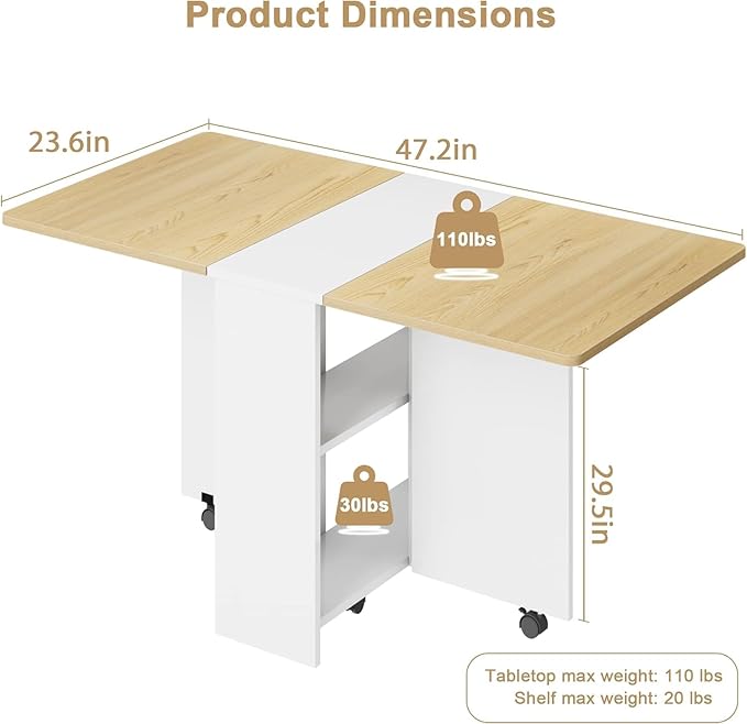 IDEALHOUSE Folding Dining Table, Drop Leaf Dining Table with 6 Wheels and 2-Layer Storage Shelf, Space Saving Kitchen Table for Small Spaces (Natural Wood, 47.2" D x 23.6" W x 29.5" H)