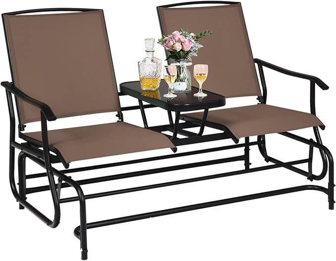 S AFSTAR 2-Person Outdoor Glider, Patio Glider Bench Chairs with Center Tempered Glass Table & Breathable Loveseat, Double Swing Glider Chair for Porch Garden Poolside Balcony Lawn (Brown)