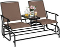 S AFSTAR 2-Person Outdoor Glider, Patio Glider Bench Chairs with Center Tempered Glass Table & Breathable Loveseat, Double Swing Glider Chair for Porch Garden Poolside Balcony Lawn (Brown)