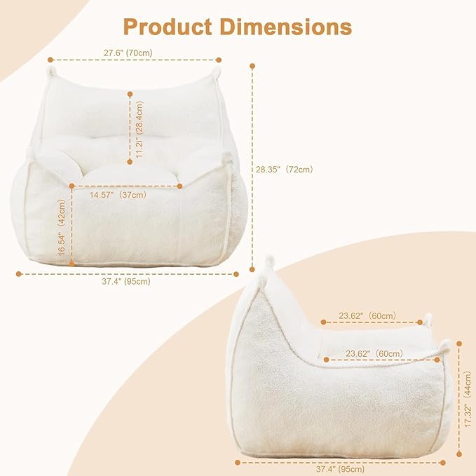 Giant Bean Bag Chair for Adults and Kids, Comfy Beige Beanbag with Filling Plush Fluffy and Back Support, Lounge Lazy Floor Sofa Accent Chair, Cozy Single Cloud Couch for Living Room, Bedroom & Dorm